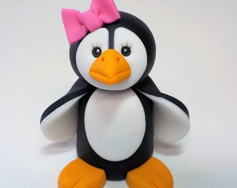 Penguin Fondant Cake Topper 3 inch 1st Birthday Baby Shower Winter Theme Pink Bow Optional Girl Boy