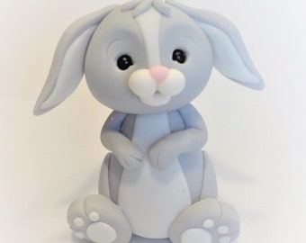 Fondant Gray Bunny Cake Topper: Woodland Baby Shower, Forest Animal Birthday Decor, 3.5 Inches
