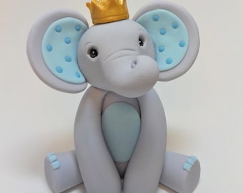 Fondant Elephant Cake Topper: Gold Crown, Lt. Blue, Baby Shower