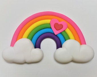 Fondant Rainbow Cake Topper in Clouds with Heart 1st Birthday Baby Shower Support and Color Optional