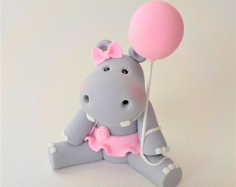 Fondant Baby Hippo 3.5 inch Cake Topper with Lt Pink Skirt Bow and Balloon 1st Birthday Baby Shower Boy Option Lt Blue