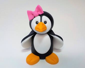 Penguin Fondant Cake Topper 3 inch 1st Birthday Baby Shower Winter Theme Pink Bow Optional Girl Boy