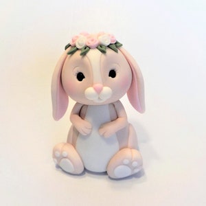 Fondant Lt. Beige Bunny with Floral Crown Cake Topper 1st Birthday Baby Shower Woodland Rabbit Animal Theme