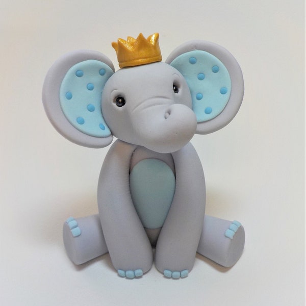 Fondant Elephant with Crown Lt. Blue Animal Cake Topper 3.5 to 4 Inches 1st Birthday Baby Shower Gold or Silver Custom Color Option