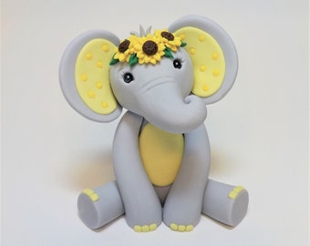 Fondant Elephant with Yellow and Sunflower Headband Animal Cake Topper 3.5 inches Girl 1st Birthday Baby Shower