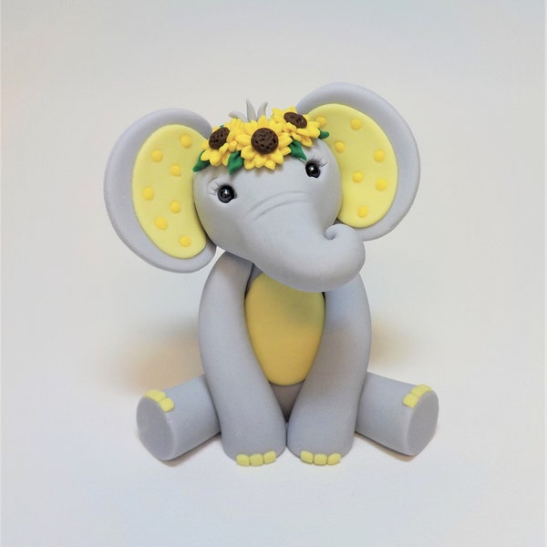 Fondant Elephant with Yellow and Sunflower Headband Animal Cake Topper 3.5 inches Girl 1st Birthday Baby Shower