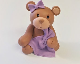 Fondant Baby Teddy Bear with Blanket and Bow 4" Cake Topper 1st Birthday Baby Shower Custom Color Option