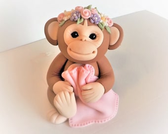 Fondant Monkey Cake Topper: Floral Headband, Holding Blanket, Baby Shower, 1st Birthday