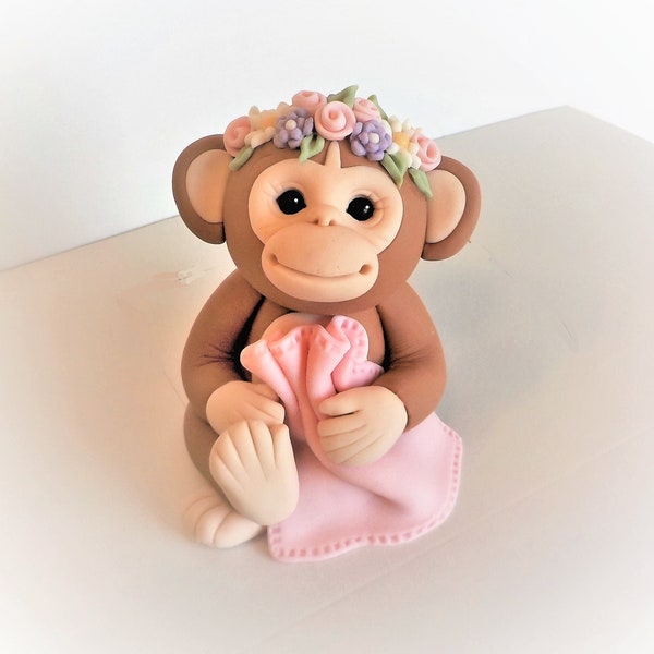 Fondant Monkey with Floral Headband and Blanket Animal Cake Topper 1st Birthday Baby Shower Flowers Jungle Safari Color Optional