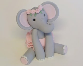 Fondant Elephant Cake Topper: Pink Tutu & Roses, Girl Birthday