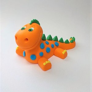 Fondant Dinosaur Orange with Blue Spots and Green Spikes Cake Topper 1st Birthday Baby Shower