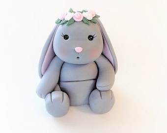 Fondant Gray Bunny Cake Topper: Floral Crown, Baby Shower Decor