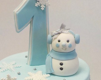 Fondant Snowman Girl Cake Topper Earmuffs Winter Wonder 1st Birthday Baby Shower Lt. Blue Silver Bow  Age Topper Optional