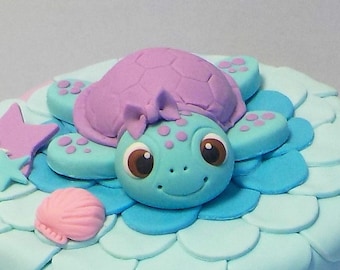 Fondant Sea Turtle Cake Topper with Bow, Under the Sea Decoration, 1st Birthday, New Baby