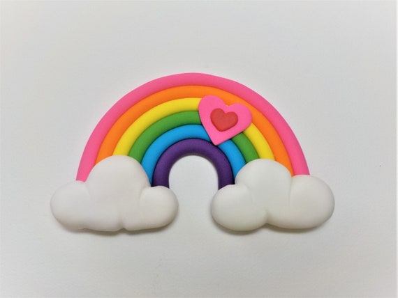 Fondant Rainbow Cake Topper in Clouds with Heart 1st Birthday | Etsy