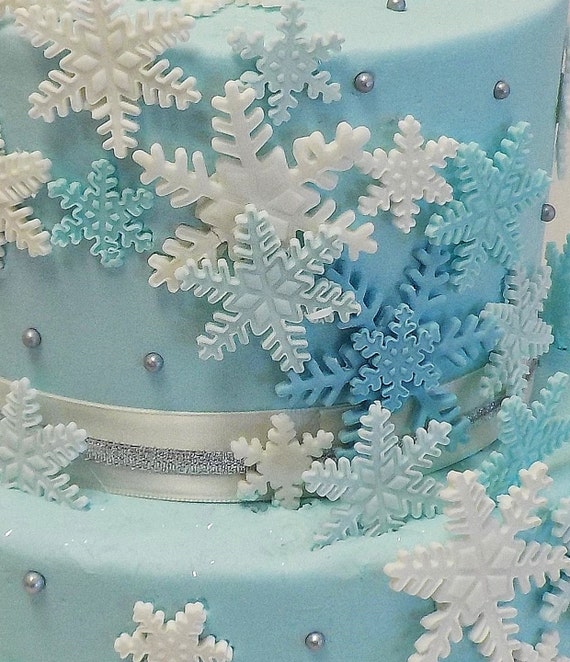 Fondant Snowflakes Qty 24 Edible Cake or Cupcake Toppers 1st Birthday  Winter Snow Theme Lt. Blue Lt. Aqua White 