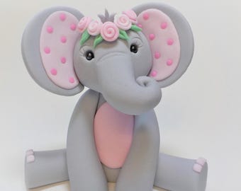 Fondant Elephant Cake Topper: Pink Rose Headband, Baby Shower Decor