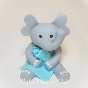 Fondant Elephant Cake Topper 4 Inch with Blanket Light Blue Baby Shower 1st Birthday Custom Color Option