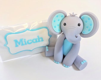 Fondant Elephant Cake Topper 3.5 inches with Name Plaque 1st Birthday Baby Shower Color Optional