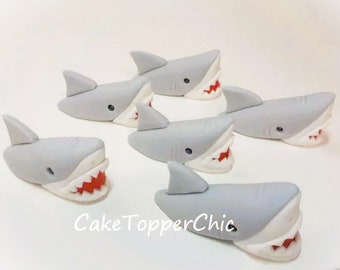 Fondant Shark Cupcake Toppers, White, Set of 6