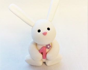 Fondant White Bunny/Rabbit with Bow Age 1 Cake Topper 4-inch 1st Birthday