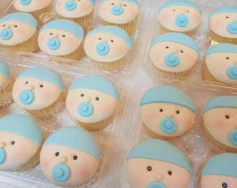 Baby Face Blue Fondant Cupcake Toppers Qty. 12 New Baby Shower Celebration Beanie Pacifier Custom Color Option