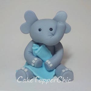 Fondant Elephant Cake Topper 4 Inch with Blanket Light Blue Baby Shower 1st Birthday Custom Color Option image 2