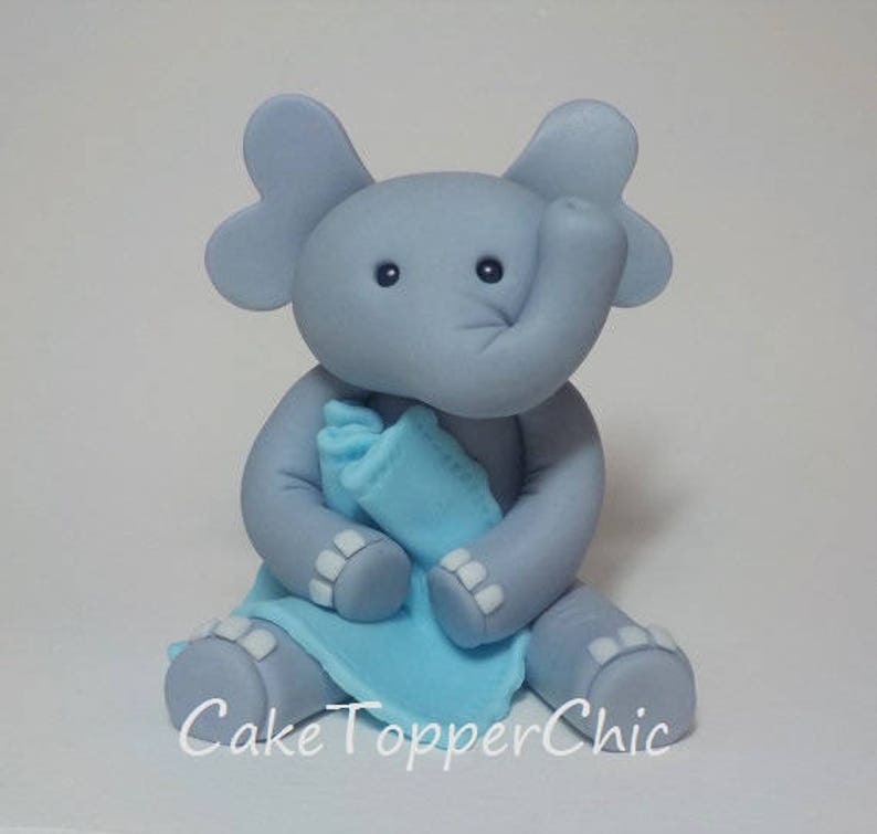 Fondant Elephant Cake Topper 4 Inch with Blanket Light Blue Baby Shower 1st Birthday Custom Color Option image 2