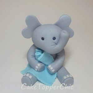 Fondant Elephant Cake Topper 4 Inch with Blanket Light Blue Baby Shower 1st Birthday Custom Color Option image 1