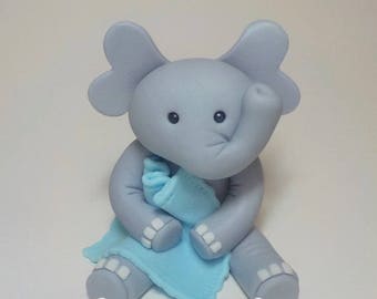 Fondant Elephant Cake Topper 4 Inch with Blanket Light Blue Baby Shower 1st Birthday Custom Color Option