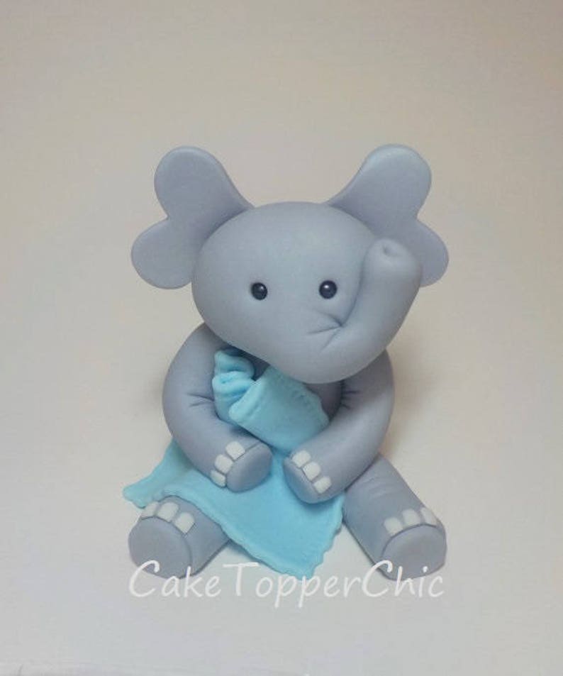 Fondant Elephant Cake Topper 4 Inch with Blanket Light Blue Baby Shower 1st Birthday Custom Color Option image 1