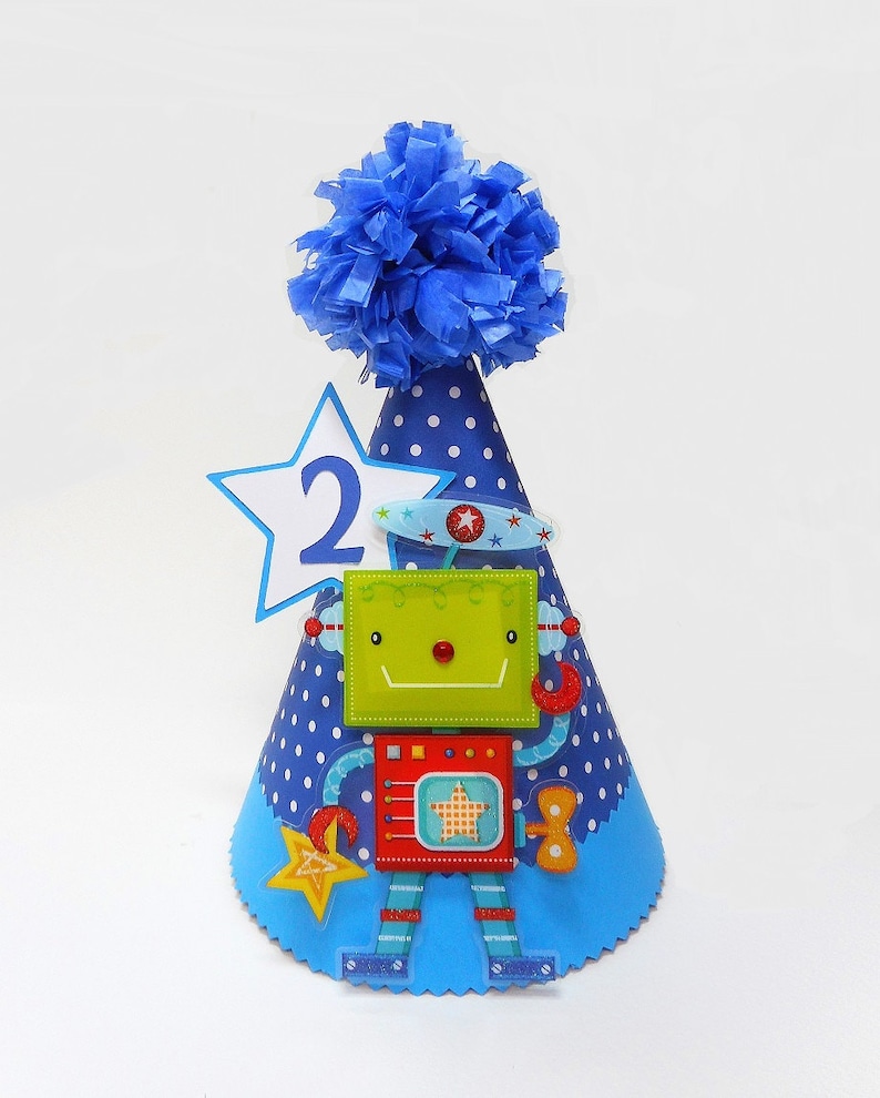 Robot Outer Space Childrens Birthday Blue Paper Party Hat 1st with Blue Pom Pom Topper Custom Age