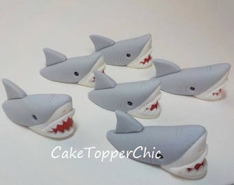 Fondant Shark Out of Water Cupcake Toppers. Qty 6 Gray Great White 1st Birthday