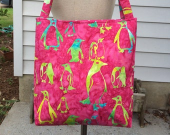 Penguin Fabric Handbag, Fabric Purse, Shoulder Bag, Tote Bag, Gifts, Diaper Bag, Book Bag, Lunch Bag