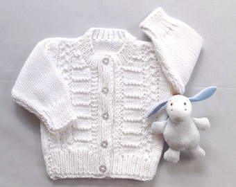 White baby cardigan - 6 to 12 months - Infant hand knit sweater - Baby shower gift - Baby white sweater - Baptism sweater