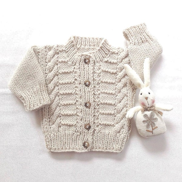 Aran Baby Cardigan, 0-6 Months, Handknit infant sweater