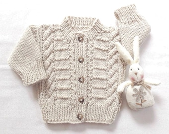 Aran baby cardigan - 0 to 6 months - Infant Aran sweater - Baby shower gift - Baby hand knit sweater - Infant knit clothing - Gift for baby