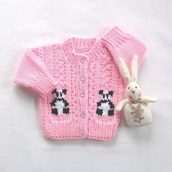 Baby panda sweater, 0 to 6 months, Pink Panda hand knit baby cardigan, Baby shower gift, Panda motifs