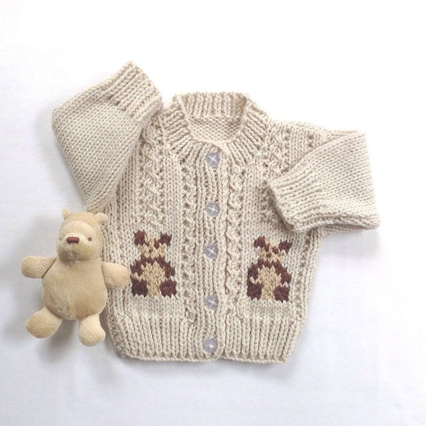 Infant hand knit teddy cardigan - Kids cardigan with teddies - Baby knit clothing - Baby teddy sweater - Baby Aran cardigan - Gift for baby
