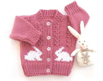 Baby pink cardigan with bunnies - 6 to 12 months - Bunny motif sweater -  Baby girl knitwear - Gift for baby girl
