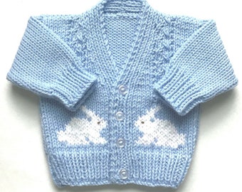 Bunny blue cardigan,  2 - 3 years, Toddler sweater with bunny motifs, Boy rabbit sweater, Gift for toddler