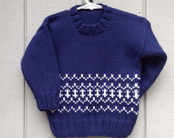 Unisex child navy sweater - 4 years - Fair Isle sweater - Boys hand knit pullover - Girls knitted sweater - Childrens navy pullover