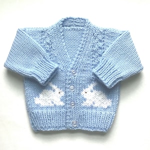 Bunny sweater, 6 to 12 months, Baby blue cardigan with bunny motifs, Gift for infant boy, Gender neutral blue sweater, Gift for baby image 1