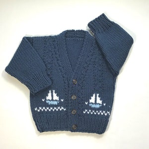 Toddler sailboat sweater, 12 to 24 months, Navy cardigan sailboat motifs, Gift for toddler boy