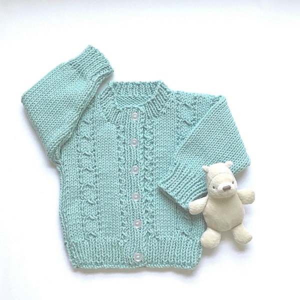 Baby mint green cardigan, 6 to 12 months, Hand knit baby clothes, Sage green baby sweater, Baby shower gift