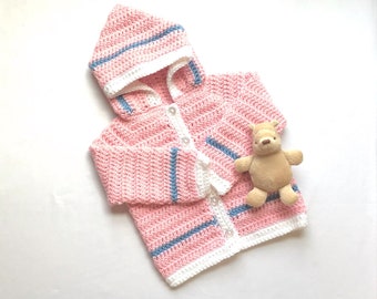 Infant pink hooded coat - 6 to 12 months - Baby crochet pink hooded sweater - Baby pink hoodie