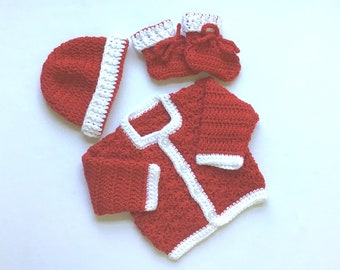 Baby Christmas outfit, 0 to 4 months, Red white crochet baby set, Infant holiday outfit, Gift for New Baby