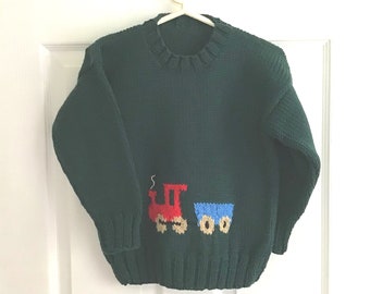 Green train sweater - 5 years boy - Kids hand knit train sweater - Sweater with train motif - Kids knits