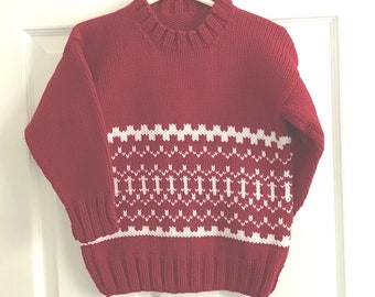 Kids Fair Isle sweater - 5 years - Unisex hand knit red sweater - Childs red pullover -  Childrens knitwear