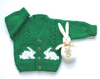 Green baby sweater with bunnies, 0 to 6 months, Baby boy hand knit bunny cardigan, Baby shower gift, Baby sweater with bunnies